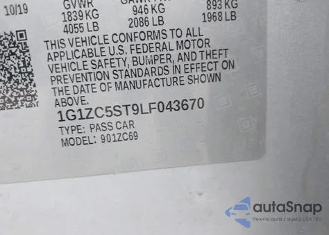 2020 Chevrolet Malibu Fwd 1Fl z USA, uszkodzony, nr VIN 1G1ZC5ST9LF043670